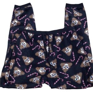 Poop Emoji Candy Cane Black Cuff Leg Stretch Tie Waist Fleece PJ Sleep Pant L